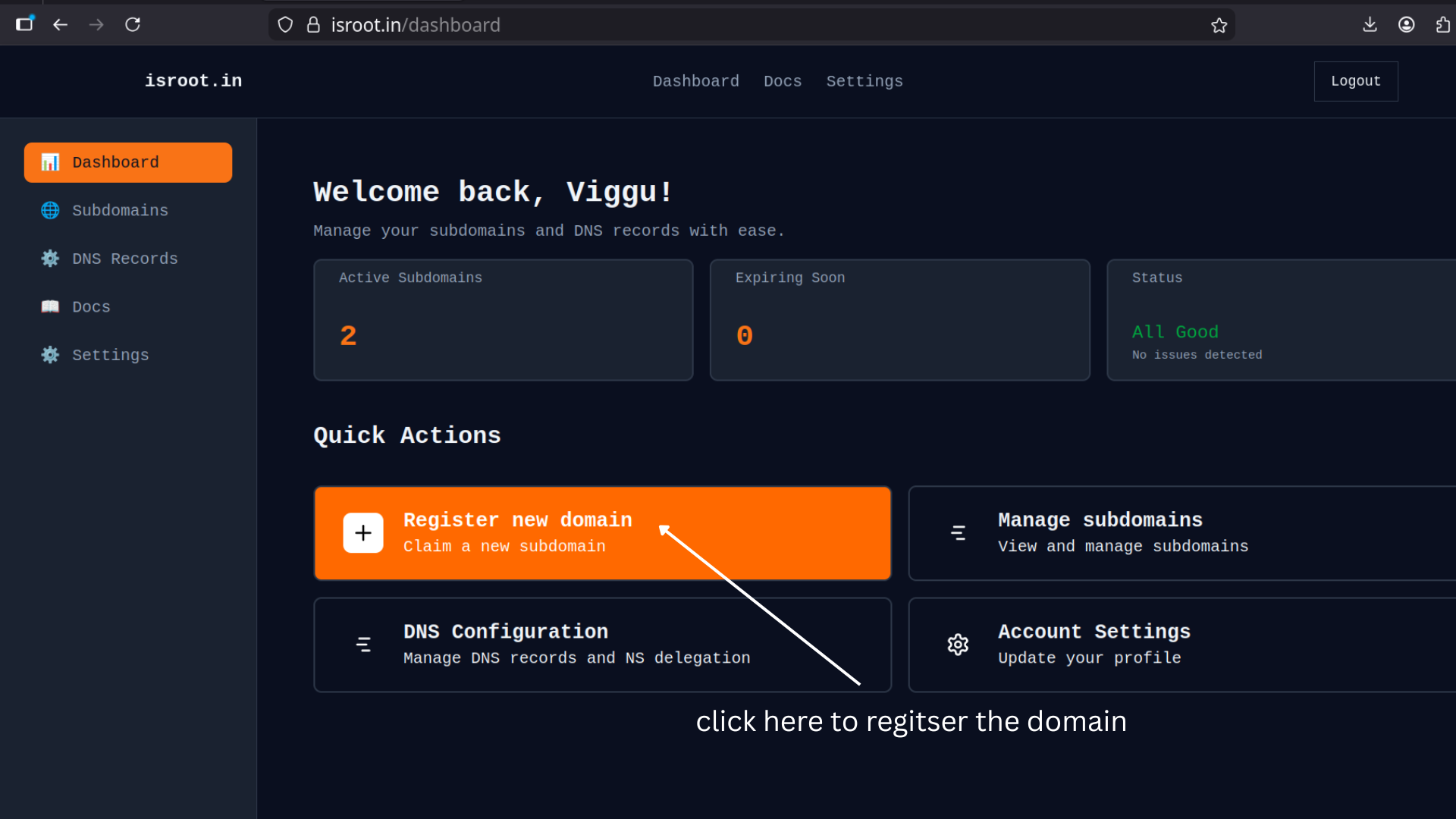 Subdomain registration in the dashboard